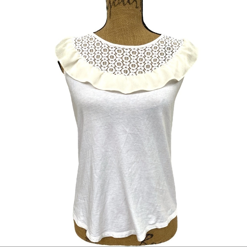 LOFT Short Sleeve Round Neck Ruffle/Lace Top. Size XS